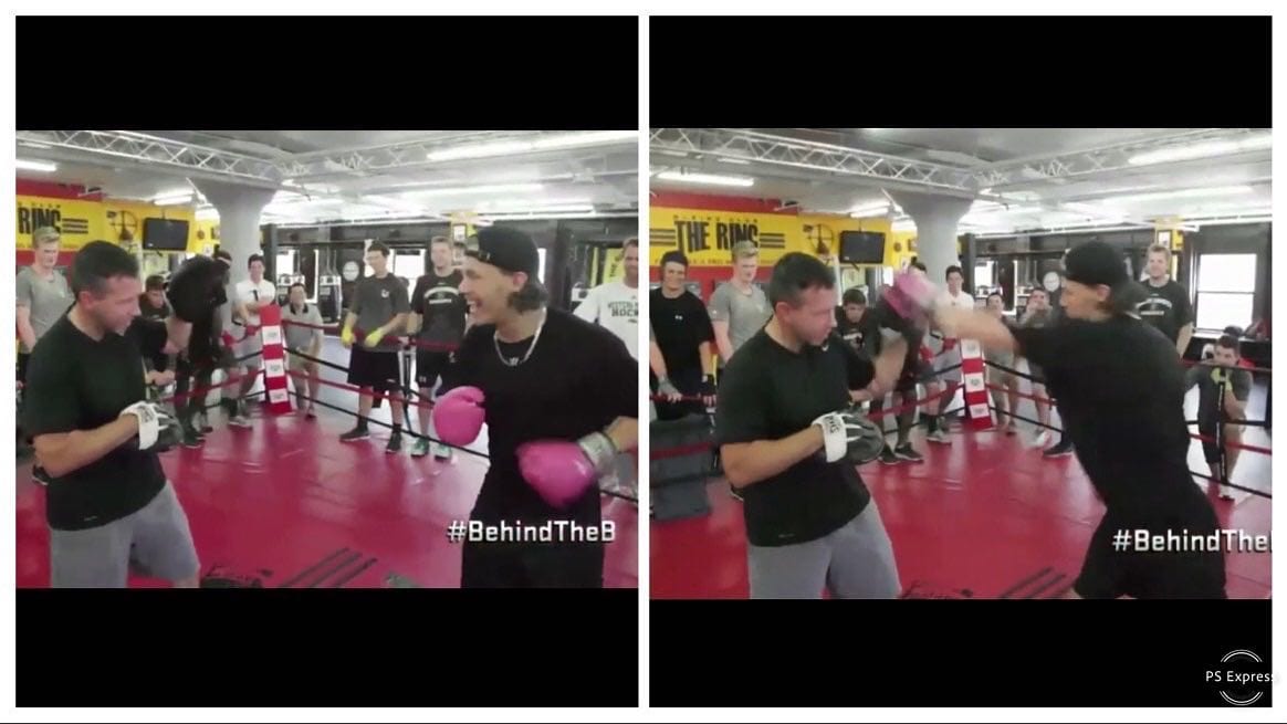 #TBT @tommymcinerney working with @nhlbruins @davidpastrnak putting him through a solid boxing mittwork session on #BehindTheB #Rookieyear . #Bostonbruins #nhl @nhl #Bodton #boxing #athletes #hockey #work #training #mittwork #padwork #conditioning #cardio #bruins